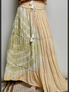 POL Shimmer Tiered Ruffle Smocked Waist Maxi Skirt Coral Haze Multi NWT